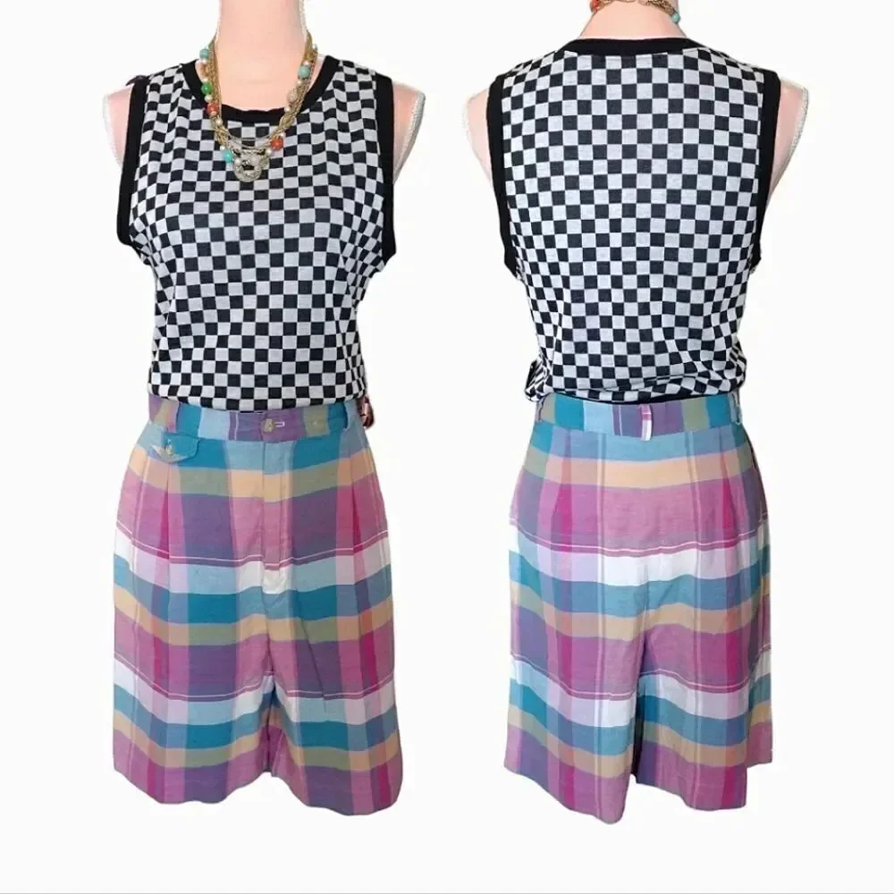 VTG 80s Colorful Plaid Ultra High Rise Cotton Mom Shorts Size 12 *fits like Med - Picture 9 of 15